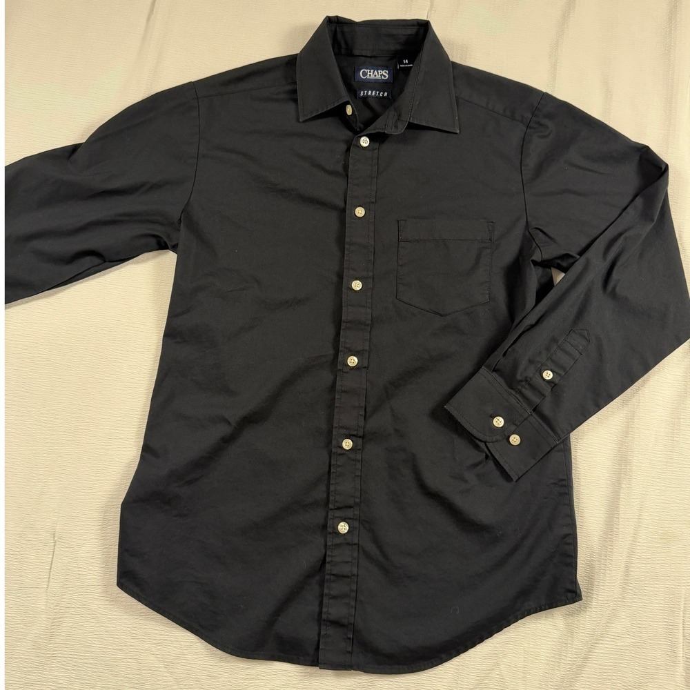 Chaps Boys Black Stretch Long Sleeve Button Down Size 14 Formal Dress Shirt